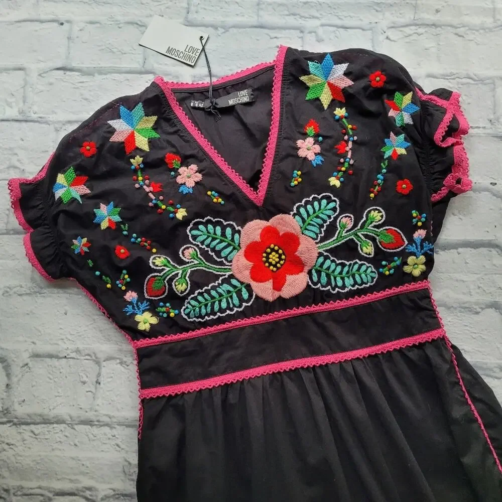 NWT Love Moschino Boho Embroidered Beaded Floral Black Dress Puff Sleeves size 6